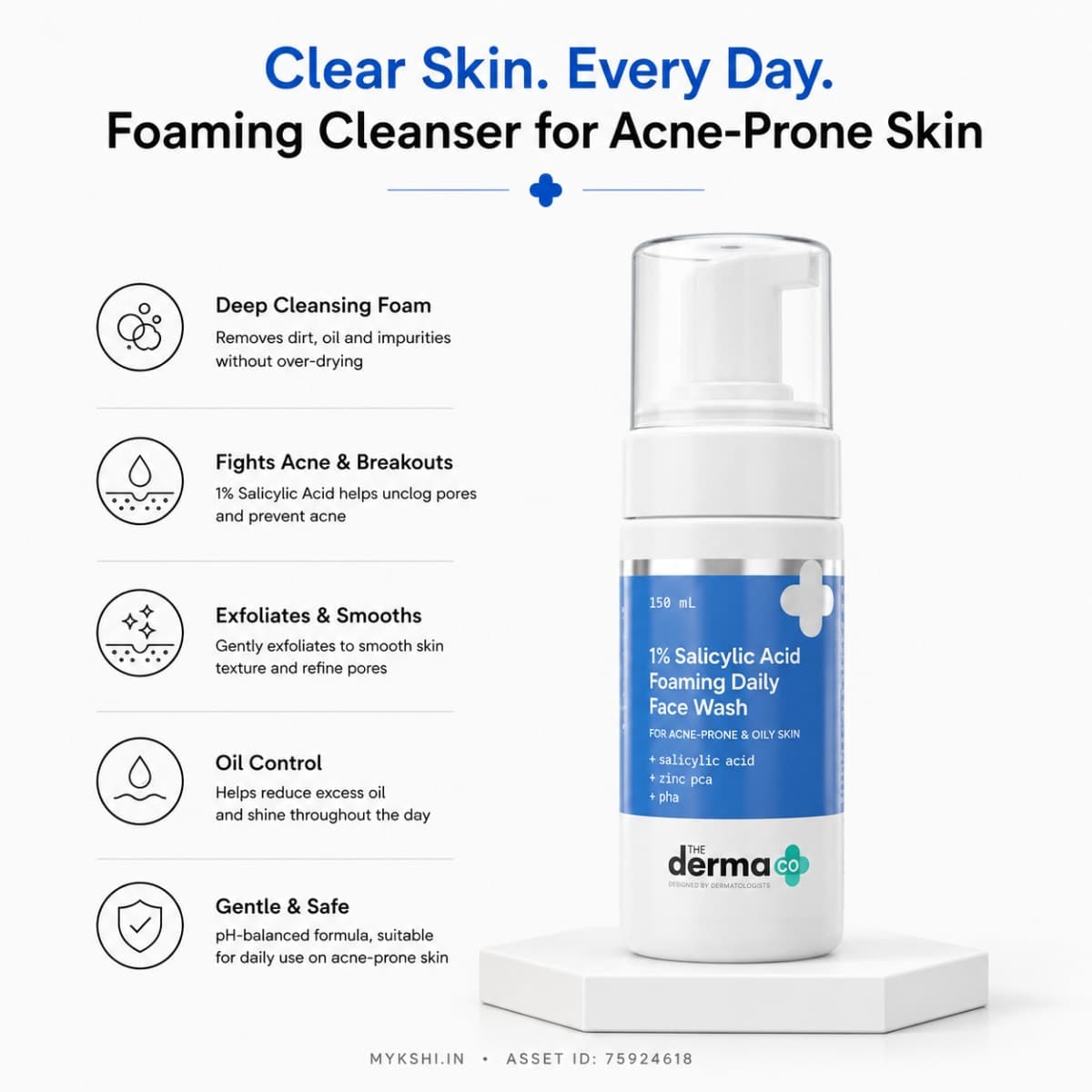 The Derma Co 1% Salicylic Acid Foaming Daily Face Wash with Salicylic Acid, Zinc PCA & PHA - 100 ml