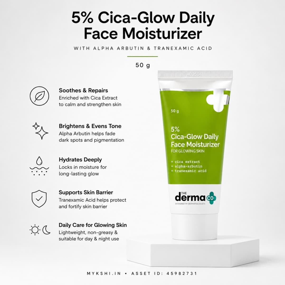 The Derma Co 5% Cica-Glow Daily Face Moisturizer with Alpha Arbutin & Tranexamic Acid - 50 g