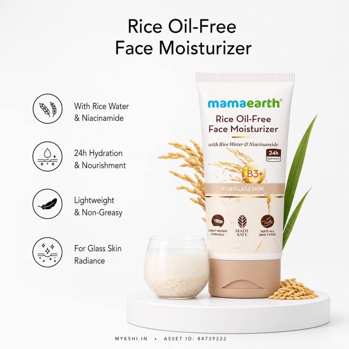 Mamaearth Rice Oil-Free Face Moisturizer With Rice Water & Niacinamide for Glass Skin - 80 g