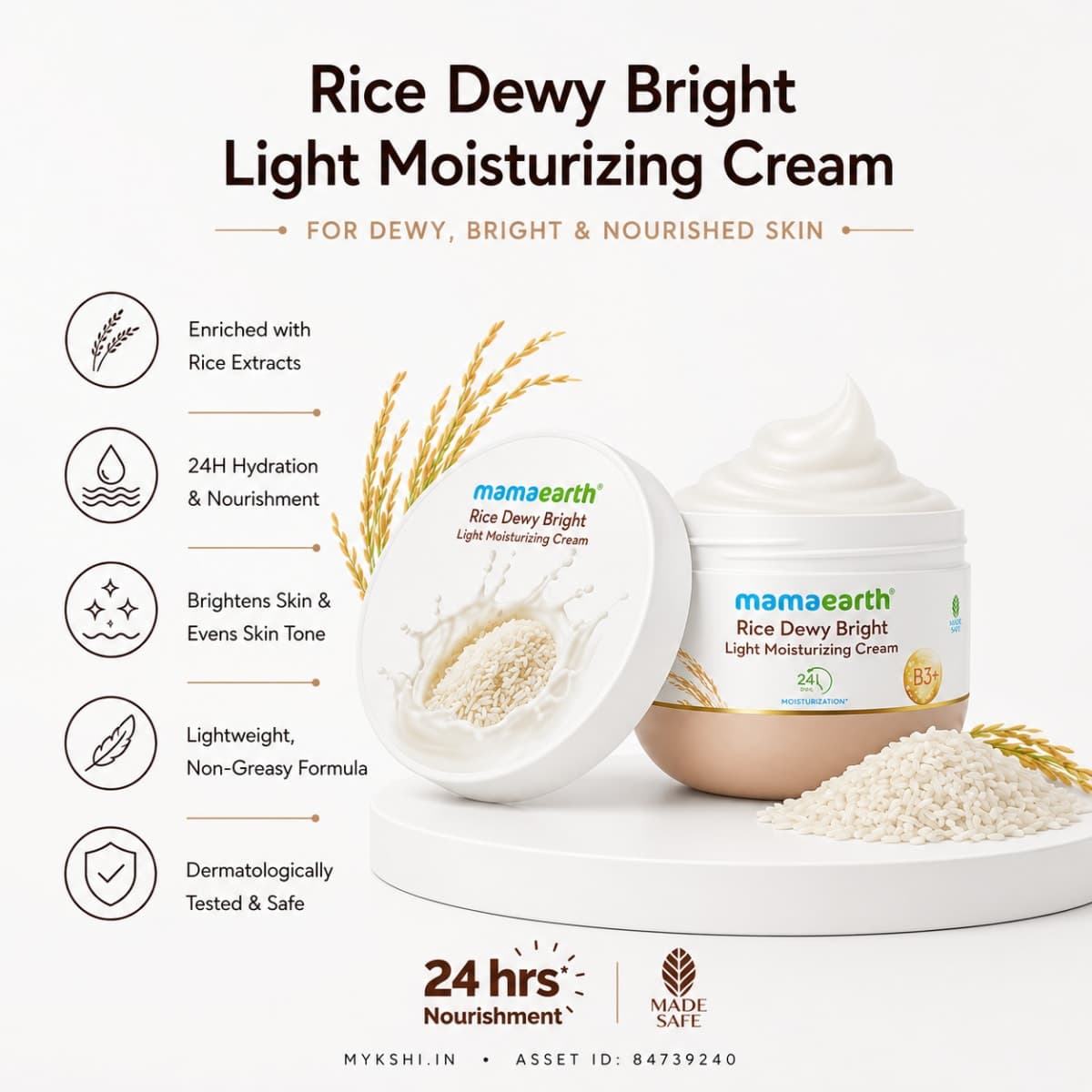Mamaearth Rice Dewy Bright Moisturizer with Rice Water & Niacinamide for Glass Skin Glow - 200 g