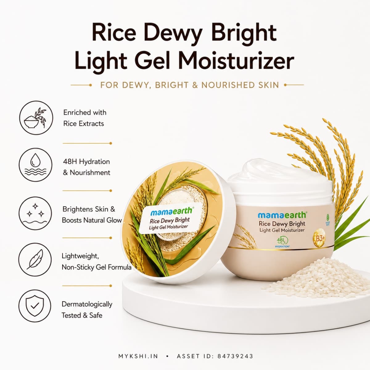 Mamaearth Rice Dewy Bright Light Gel Moisturizer with Rice & Niacinamide For Glass-skin Glow - 200 g