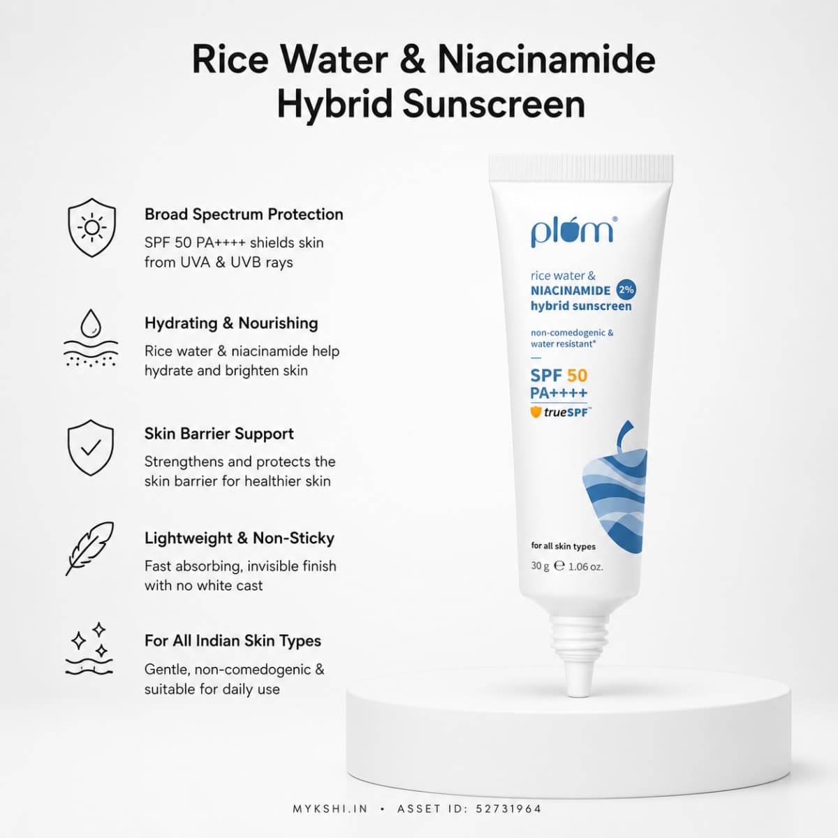 plum 2% Niacinamide & Rice Water SPF 50 PA++++ Hybrid Sunscreen