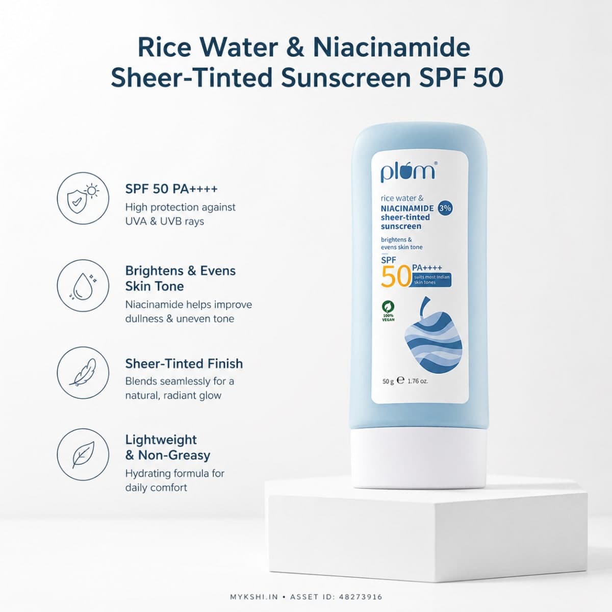 Plum 3% Niacinamide & Rice Water SPF 50 Sheer-Tinted Sunscreen - 50 g