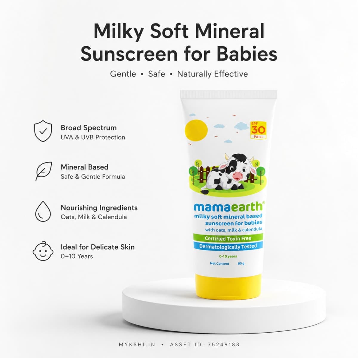 Mamaearth Milky Soft Mineral Based Sunscreen SPF 30 & PA+++ With Oats, Milk and Calendula for Babies- 80 g