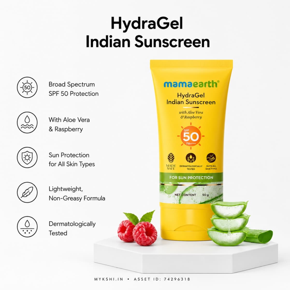 Mamaearth HydraGel Indian Sunscreen with Aloe Vera and Raspberry for Sun Protection - 50 g