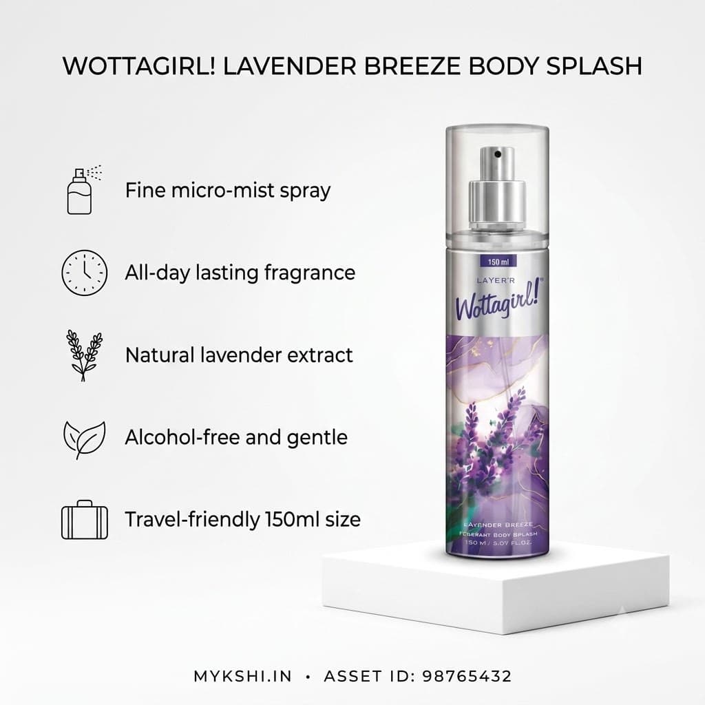 Wottagirl Lavender Breeze Body Splash, 150ml | Long-Lasting Floral Fragrance for Women | Dreamy Lavender Notes | Soothing Scent, Skin-Friendly