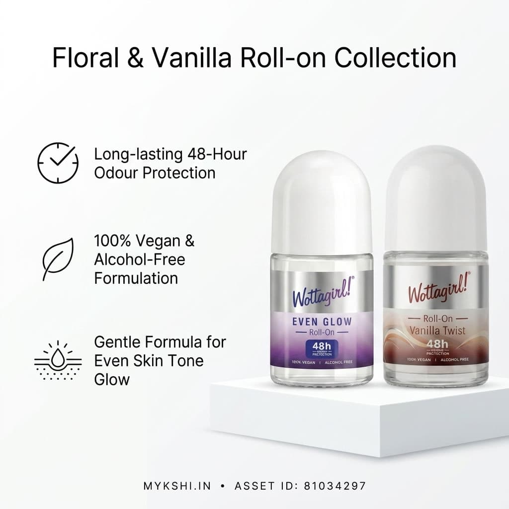 Wottagirl Underarm Roll On Combo (25ml × 2) – Even Glow & Vanilla Twist | 48H Odour Protection | Alcohol-Free | Vegan Deodorant for Women
