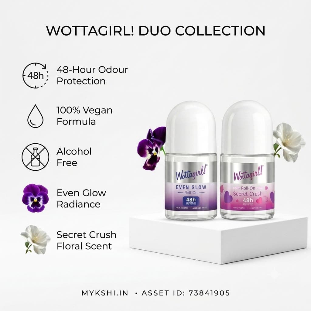 Wottagirl Underarm Roll On Combo (25ml × 2) – Even Glow Brightening & Secret Crush | 48H Odour Protection | Alcohol-Free | Vegan Deodorant for Women