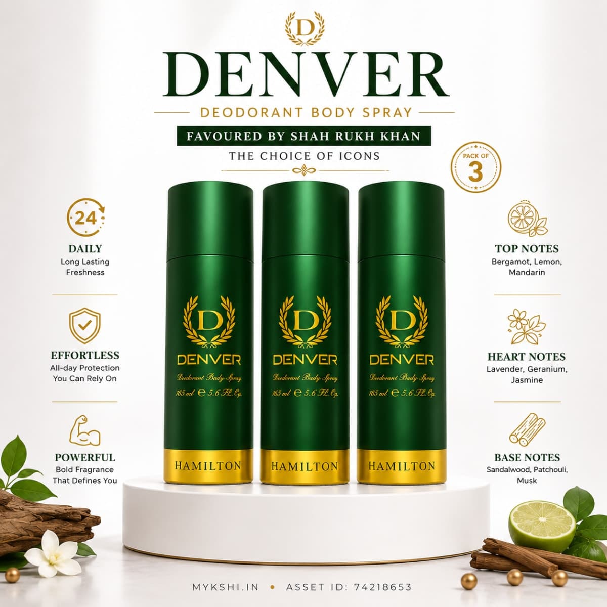 DENVER Pack of 3 Hamilton Deodorants - 180/200ml 