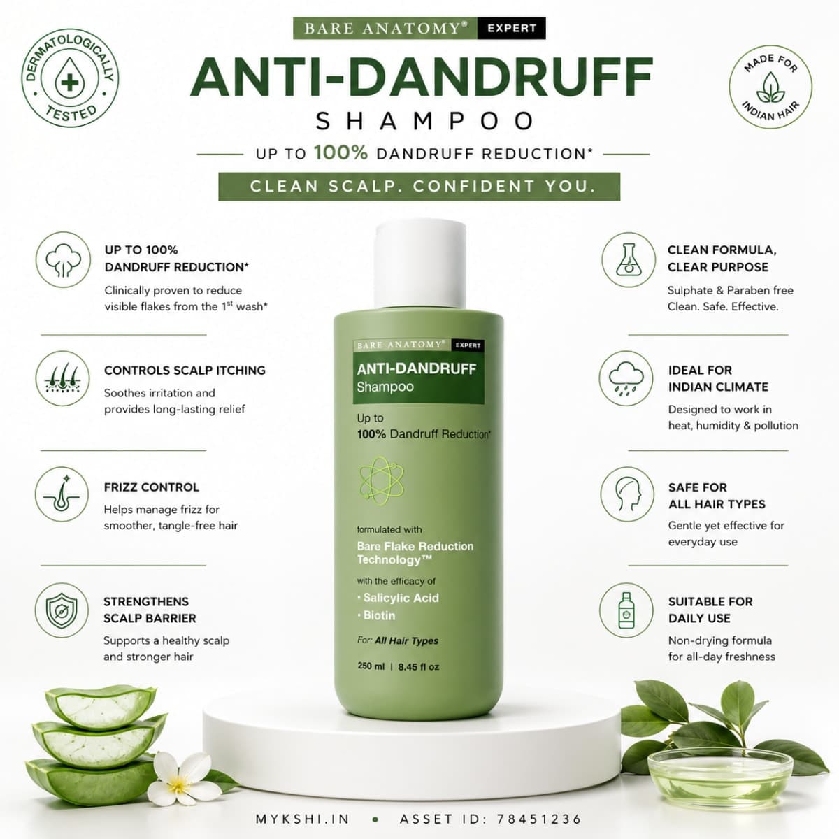 Bare Anatomy Anti Dandruff Shampoo with Salicylic Acid, Piroctone Olamine & Biotin - 250ml