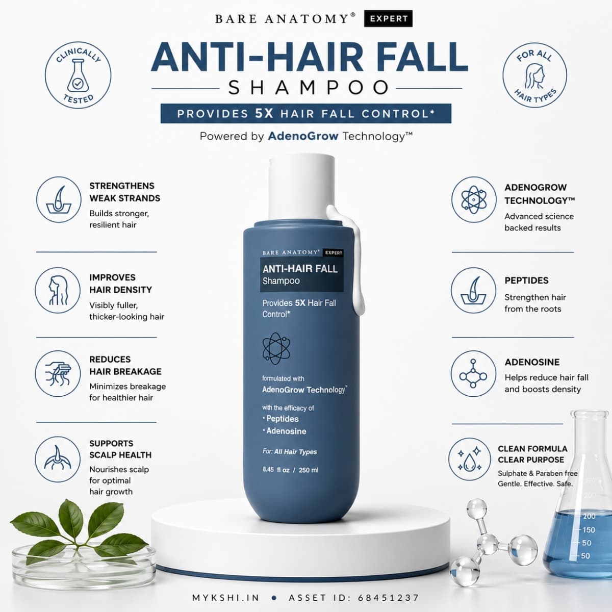 Bare Anatomy Anti-Hair Fall Shampoo with Adenosine & Peptides | 5X Hairfall Control - 250 ml