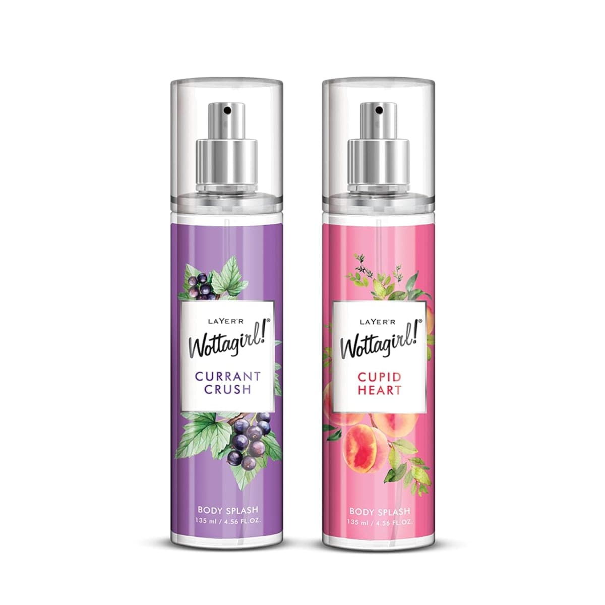 Wottagirl Cupid Heart & Currant Crush Body Splash Combo for Women, 2×135ml | Long-Lasting Fresh Fruity Floral Body Mist | Melon, Red Fruits, Strawberry & Rose Notes | Everyday Wear | Skin-Friendly
